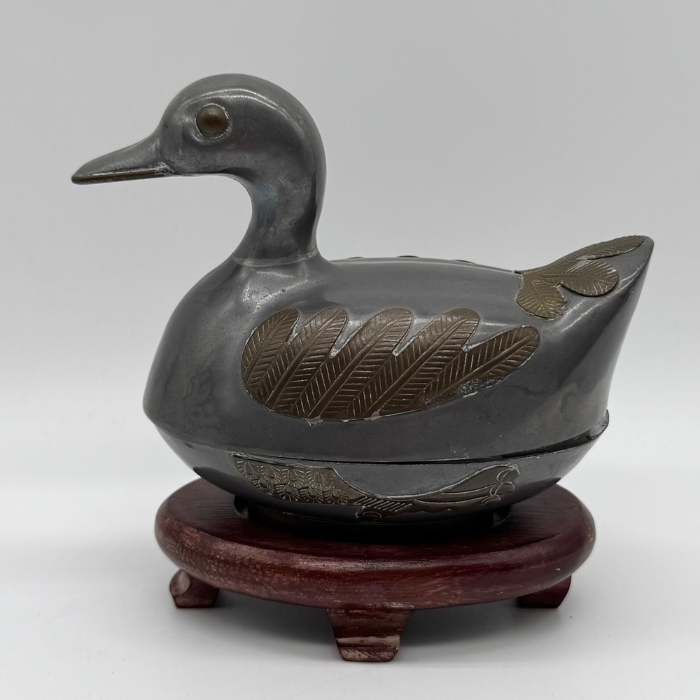 Vintage Pewter Brass Inlay Duck Trinket Box Wood Base Stand Set Hong Kong MCM